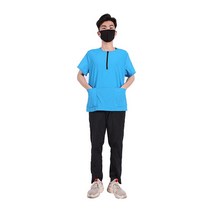 애견미용가운 빅사이즈 미용사복 애견샵 동물병원 수의사 털 안붙는 유니폼, L, 8 짧은 지퍼 블루 미들 슬리브