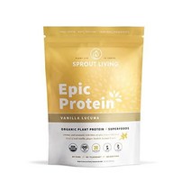 Sprout Living Epic Protein 식물성 단백질 슈퍼푸드 파우더 바닐라 루쿠마 파우더 단백질 파우더 20 비유제품 비식품 프리 저당분(1파운드 12인분), 1파운드(1팩), 1개