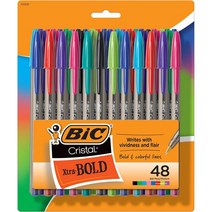 BIC 크리스탈 Xtra Bold Fashion 볼펜 48팩 새로운 색상 중간 지점 1.6mm 메모 작성용 멋진 펜 성인 및 용 학용품., 48개(1팩)