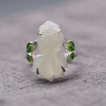 스타일 실버 상감 절묘한 중국 에나멜 도자기 천연 헤티안 옥 금붕어 반지 여성을 위한 조정 가능한 개 강아지방