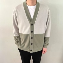 남자 오버핏 투톤 가디건 간절기 배색 브이넥 니트 아우터
