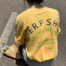 베러댓걸 여성용 여름 순면 나염 프레쉬 오렌지 레터링 반팔 티셔츠 반소매