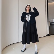 [SEONGJIN]봄/여름 배색 빅사이즈(L~3XL) 쉬폰배색 긴팔 롱 원피스