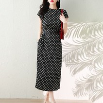 아나운서원피스 슬림핏 프린트 롱 실크 루즈핏 반팔 시원한 격식 결혼식 파티 고급