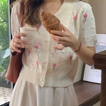 옷자락 [옷자락] 여자 플라워 자수 그물 분홍 가디건