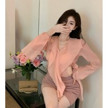 여자 긴팔 블라우스 셔츠 크롭 핑크 쉬폰 레이스 여신