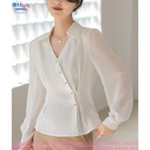 (바니뉴욕)2023신제품 XL까지-럭셔리한 청담동룩-골드콩단추 사선블라우스 디자인블라우스