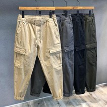 가을 드로스트링 일본 패션 워시 코튼 워크웨어 남성 캐주얼 바지 루즈 레그 트랙 보이즈 크롭 카고 팬츠 면 소재 느슨한
