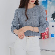 뜨개진 여성용 꽈배기 옆트임 래글런 크롭 라운드 니트
