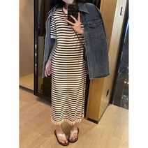 봄여름 여성 니트 스트라이프 아이스 반팔 원피스 루즈핏 캐주얼 태슬 장식 롱스커트