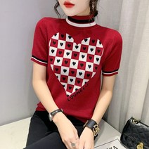 스타일아유 여성 러블리 하트 루즈핏 체크 반폴라 반팔 니트 봄 가을 이너 티셔츠