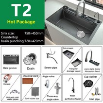 폭포수싱크대 스테인레스 스틸 주방 양각 폭포 다기능 대형 싱글 슬롯 주방용 세면대, 11.75X45CM-T2-FU