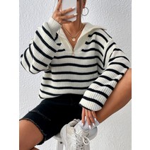 l2023신상l SHEIN EZwear 줄무늬 패턴 드롭 숄더 하프 지퍼 스웨터 217885