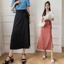 Yichuo 봄여름 밴딩 스커트 미디엄 핏 풀림감 트임 롱 스커트