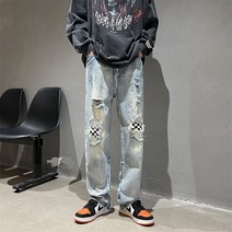 찢어진 바둑판 격자 청바지 남자 여름 ins 고가 디자인 감각 스트레이트 롱 바지 유행표 깡패 멋쟁이 거리 바지