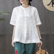 BAISLUN 봄여름신상 여성 자수 반팔 티셔츠 블라우스 빅사이즈 오버핏 루즈핏