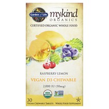 Garden of Life MyKind Organics Vegan 비타민d Raspberry-Lemon 50 mcg (2000 IU) 30 Vegan Chewable Tablets