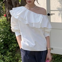 한쪽 오프숄더 블라우스 와이드 이중 프릴 핀턱 라운드넥블라우스 가을 초커블라우스 꽃무늬블라우스
