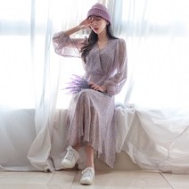 봄 가을 쉬폰 플라워 퍼프소매 플레어 브이넥 플레어 랩 롱원피스 여성 여자 꽃무늬 리본 벌룬 보라 화이트 빅사이즈 여신 데이트 하객 결혼식 페미닌 여리여리