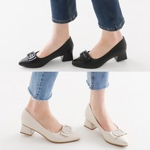 벨루치슈즈 여성 빈티지 큐빅 리본 4cm 발편한 통굽 미들힐 펌프스 여성정장구두