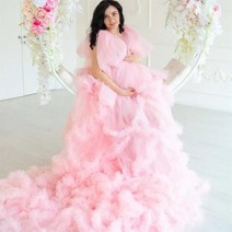 퍼프 러플 임산부 얇은 명주 그로스 가운 사진 촬영 러플 임산부 드레스 베이비 샤워 베이비 샤워, 2.S  pink