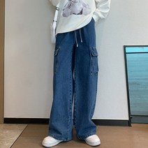 여성긴바지 Lucyever 큰 주머니 카고 청바지 여성 하라주쿠 streetwear 와이드 레그 바지 여성 탄성 높은 허리 느슨한 스트레이트 데님 바지