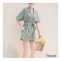 티피여성 여름 루즈핏 체크 점프슈트 반바지