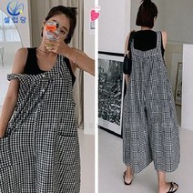 셀럽당 멜빵 점프슈트 여 와이드 빅사이즈 체크 와이드 스커트 캐주얼 9부 팬츠
