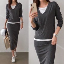 러브포텐 브이넥 이중 레이어드 롱치마 세트 트레이닝복 상하세트