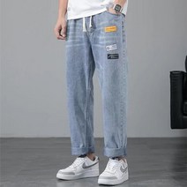 이유까까 남성용 와이드 밴딩 패치 데님 팬츠 청바지