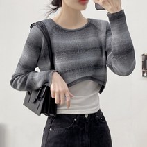 [3color/Y2K] 무지개 그라데이션 긴팔 하이틴 니트 크롭 티셔츠 봄 캐주얼 힙 캐주얼