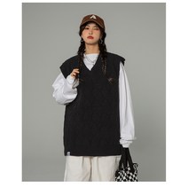 케익 벼 빈티지 그물 패턴 브이넥 스웨터 루즈핏 오버핏 여자 여성 남자 남성 남녀공용 민소매 니트 스웨터 베스트 조끼 S400