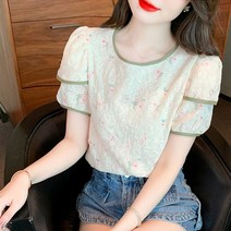 자수 라운드넥 쉬폰 블라우스 매쉬 스팽글 리본셔츠