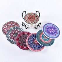 LOOKLIKE 도자기 컵 받침 흡수 컵 매트 만다라 컵 받침 원형 꽃무늬 단열 패드 6종 세트+철골 수납