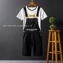 비보뉴 미식 빈티지 데님 멜빵바지 남레터링 자수 커플 일자 나시 반바지 공복 점프수트 남