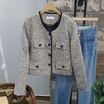 상상그이상 여성용 스카치 트위드 자켓 배색 라운드넥 고퀄리티 검정단추 편하게 입을 수 있는 부드러운 페미닌 포켓 오피스 미니자켓