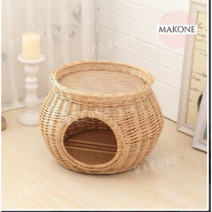 Makone 상표등록 강아지 고양이 숨숨집 라탄하우스, 커피색(쿠션+대자리)