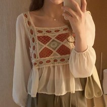 라오농 인디언풍 쉬폰 얇은 긴팔 복고 스퀘어넥 숏 블라우스 +KIR06X