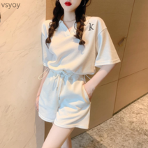 vsyoy 2023 여름 패션 캐주얼 스포츠 반바지 세트 여성 여름 사이버 연예인 거리 우아한 슬리밍 투피스 슈트
