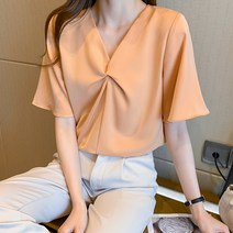 여성용 여성블라우스 셔츠 브이넥 빅사이즈 루즈핏 캐주얼 반팔 블라우스