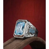 브랜드없음 남성 여성을위한 빈티지 수제 터키 인장 반지 고대 실버 컬러 블루 지르콘 트렌디 한 이슬람 종교 보석