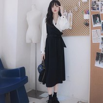 여성 숙녀 하객룩 돌잔치 퀼리티 데이트룩 오피스룩 A라인 정장 베이지 블랙 배색 브이넥 리본끈 긴팔 원피스