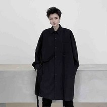 가을 남성 긴팔 셔츠 디자인 감각 개성 스 트랩 작업복 셔츠 남성 짙 은 색 기능 바람 느슨 하 다 패션 스타일 리스트 긴팔 셔츠 상의