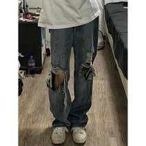 와이이드팬츠 데님 무파진 찢청 일자핏 힙한 청바지 여성 데미지 진