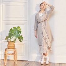 지센[지스바이] 여성 사이드 슬릿 오픈 프론트 린넨 체크 코트 ZNCAK306_BE