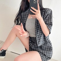 입꼬 고방 체크 린넨 크롭 숏 미니 반팔 자켓 투피스 셋업(초상권및상표권특허)