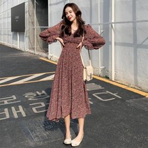 여성 브이넥 플라워 원피스 봄 가을 여성 의류 통통mm 빅사이즈 여성 미디스커트 20대 30대 40대