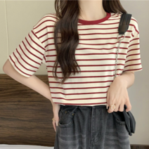 나루니 W04558 스프라이트 티셔츠 여성반팔티 여름반팔티 라운드넥 줄무늬티셔츠 줄무늬반팔티 반소매 시원한 얇은