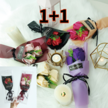 [1+1] 민디스 장미 비누꽃 향기나는 꽃다발 3송이 플라워박스 포장 졸업식 발렌타인데이 생일, 비누 장미 다크퍼플, 비누 장미 핑크