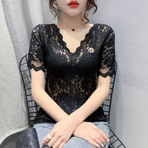 Baiwife 브이넥레이스라글란메쉬펀칭상의블라우스슬림반팔티셔츠